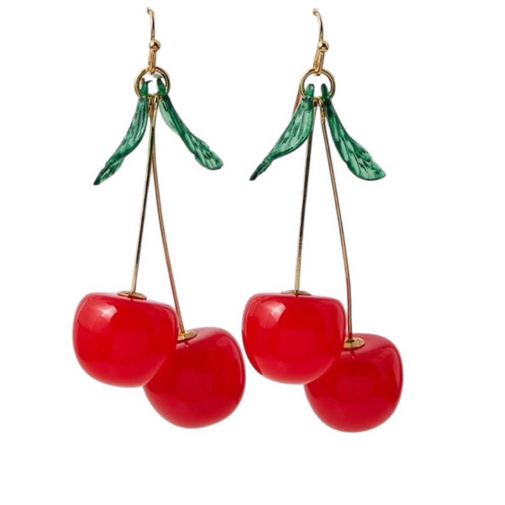 New Cherry Dangle Earrings Red Fruit Statement Jewelry Retro Style - Picture 3 of 6